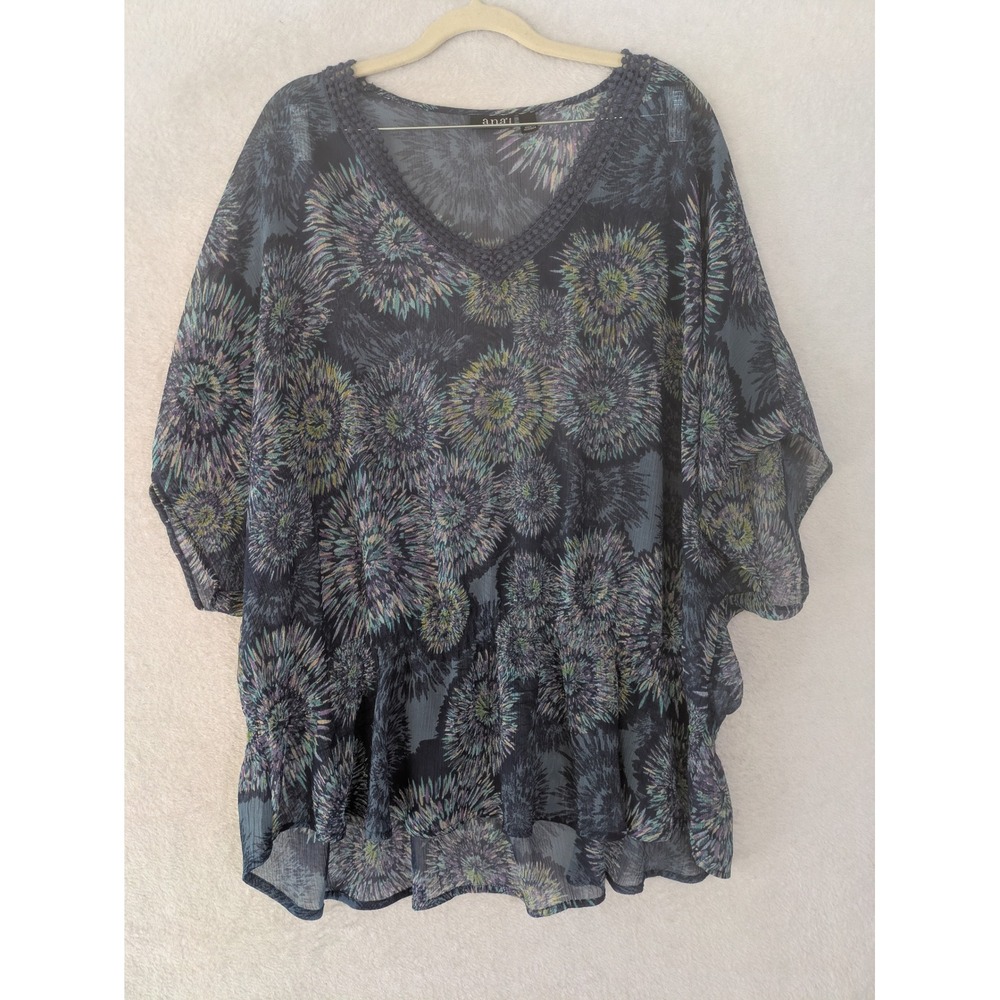 a.n.a Kaftan Top Women's 3X Navy Purple Floral Burst Sheer Crochet V-Neck Boho